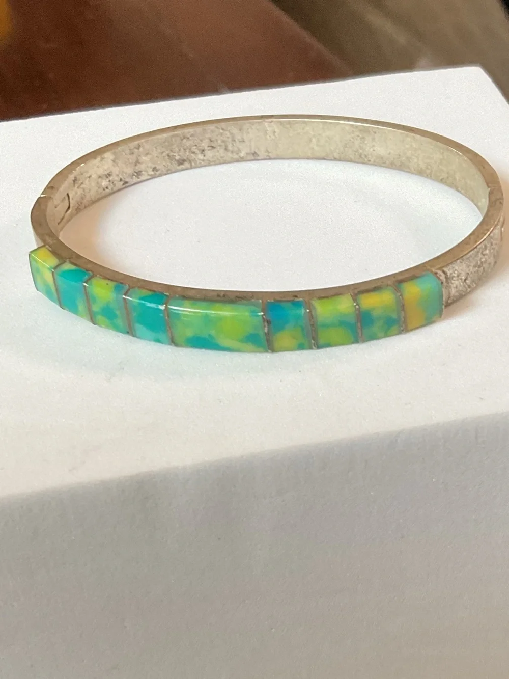 Vintage Mexico Acrylic Blue Green Inlay Silver Tone Bangle Bracelet